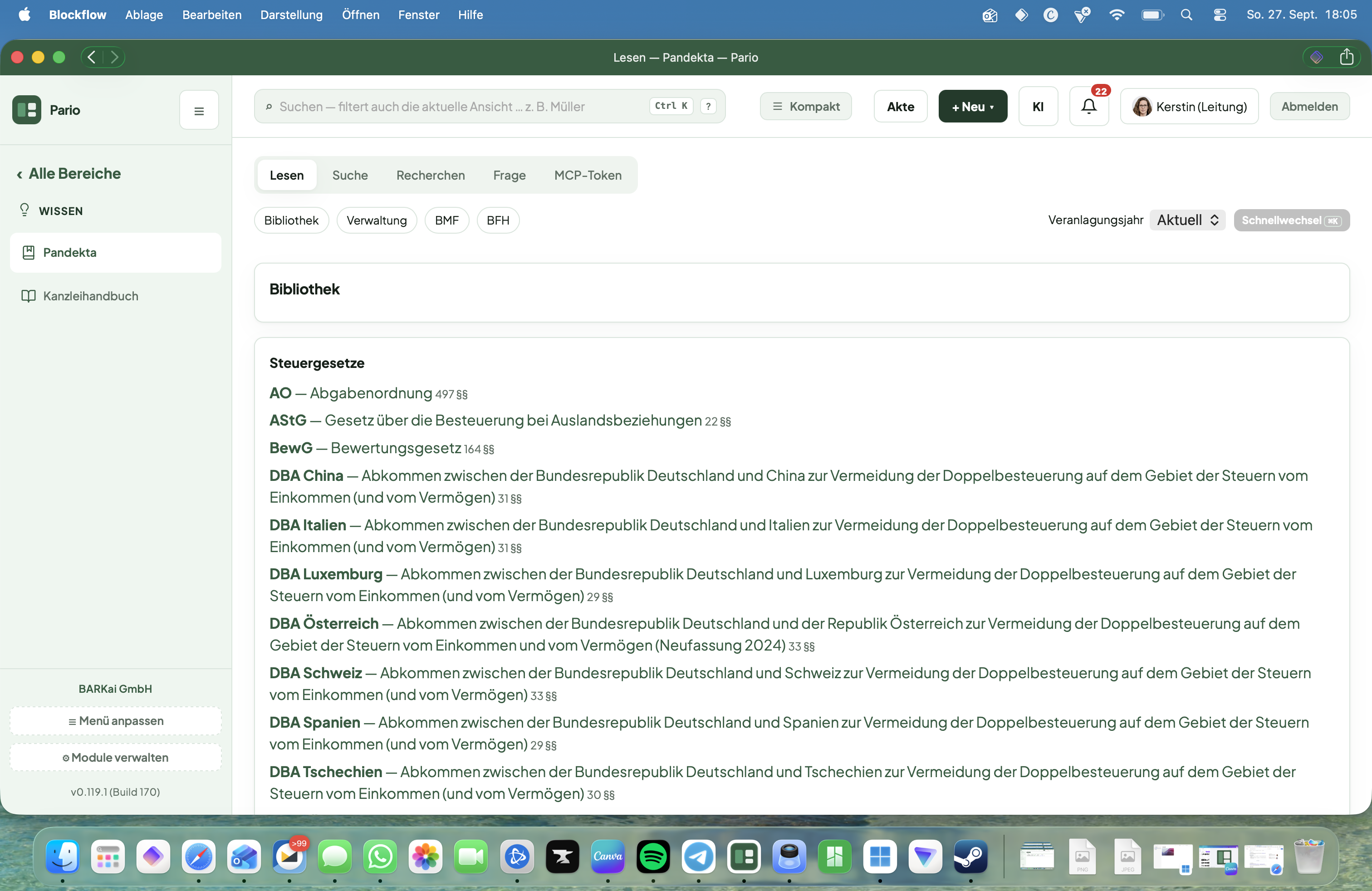 Screenshot aus Pario: Steuerrechts-Datenbank
