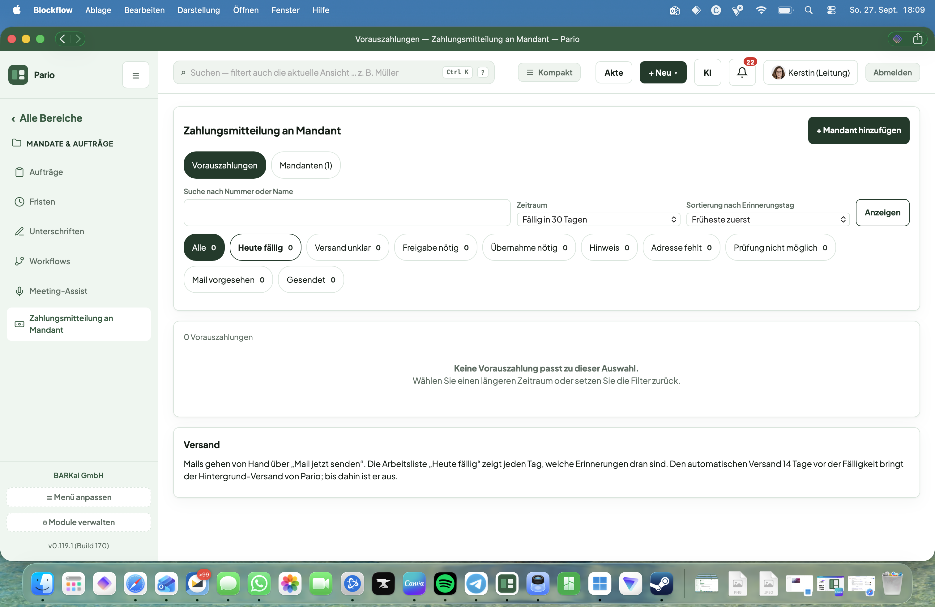 Screenshot aus Pario: Zahlungserinnerungen für Mandanten